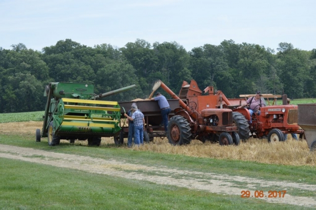 The AC combines in the following 2 photos belong to Tom Fledderjohann, the WD 45 belongs to Doug Hoelscher, and the JD 40, w/ 8 ft cut, belongs to Ron Fischer. They were taken by the Fledderjohann family of New Knoxville, OH, right after harvesting 12 acres of wheat on their farm.
